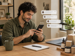 صاحب مشروع صغير يراجع رسائل العملاء واستفساراتهم عبر الهاتف لفهم احتياجاتهم وتحسين التفاعل معهم