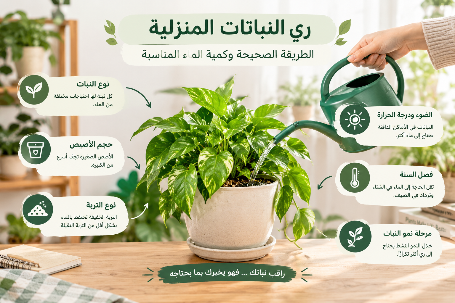 ري النباتات المنزلية والعوامل المؤثرة في كمية الماء المناسبة لكل نبتة.